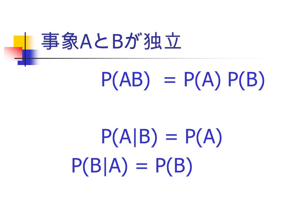 事象 A と B が独立 P(AB) = P(A) P(B) P(A|B) = P(A) P(B|A) = P(B)