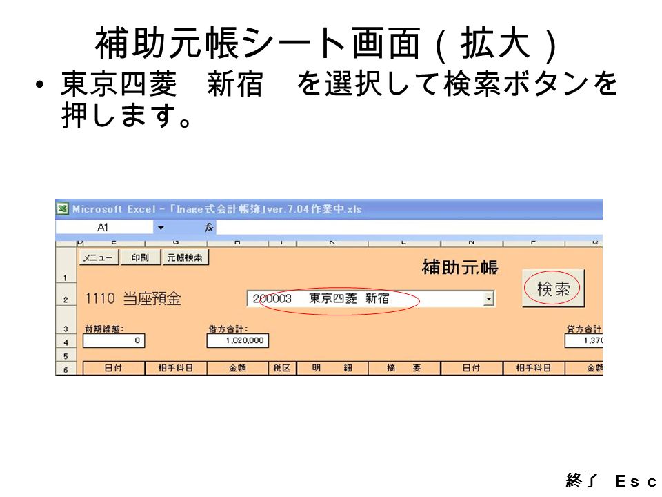補助元帳シート画面（拡大） 東京四菱 新宿 を選択して検索ボタンを 押します。 終了 E ｓｃ