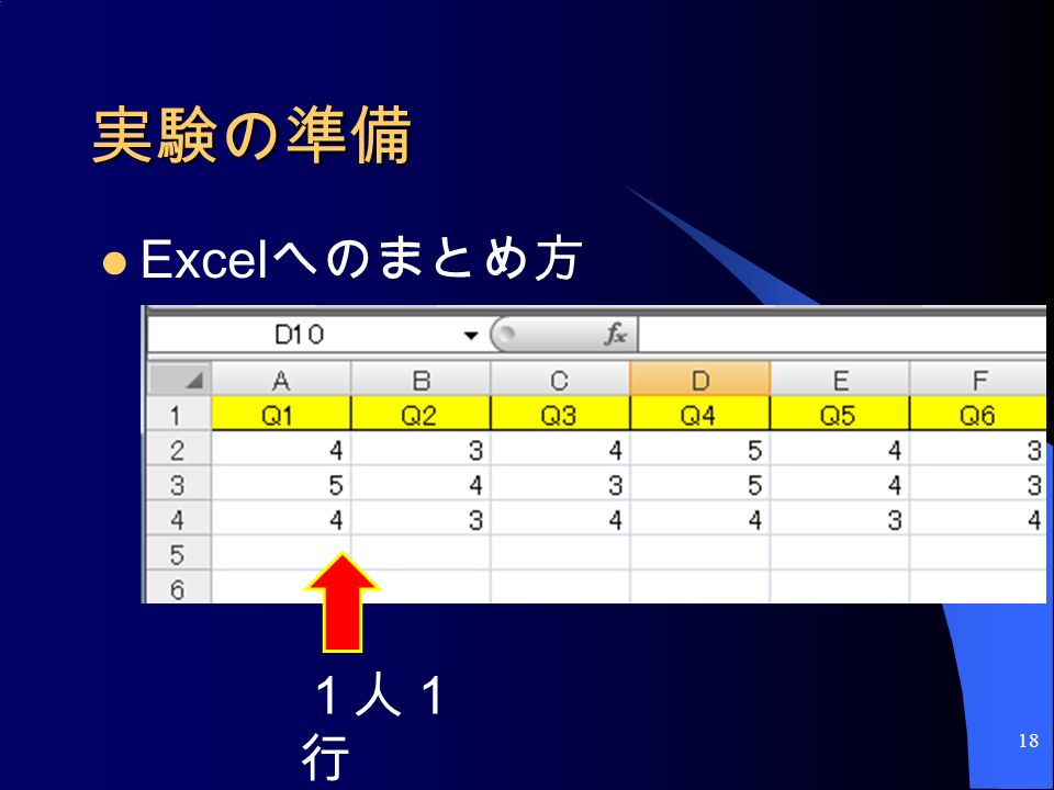 実験の準備 Excel へのまとめ方 18 １人１ 行