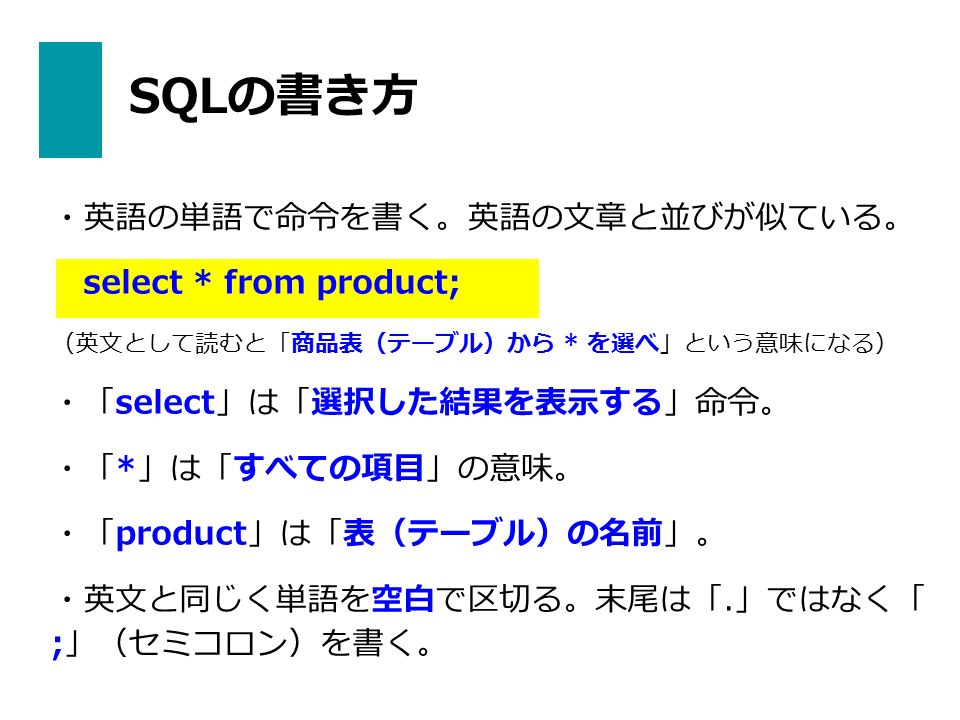 SQLの書き方 ・英語の単語で命令を書く。英語の文章と並びが似ている。 select * from product; （英文として読むと「商品表（テーブル）から * を選べ」という意味になる） ・「select」は「選択した結果を表示する」命令。 ・「*」は「すべての項目」の意味。 ・「product」は「表（テーブル）の名前」。 ・英文と同じく単語を空白で区切る。末尾は「.」ではなく「 ;」（セミコロン）を書く。
