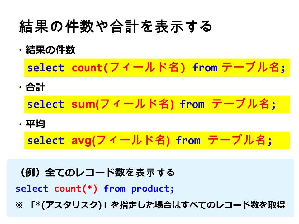 ・結果の件数 ・合計 ・平均 結果の件数や合計を表示する select count( フィールド名 ) from テーブル名 ; （例）全てのレコード数 を表示する select count(*) from product; select sum( フィールド名 ) from テーブル名 ; select avg( フィールド名 ) from テーブル名 ; ※ 「*(アスタリスク)」を指定した場合はすべてのレコード数を取得