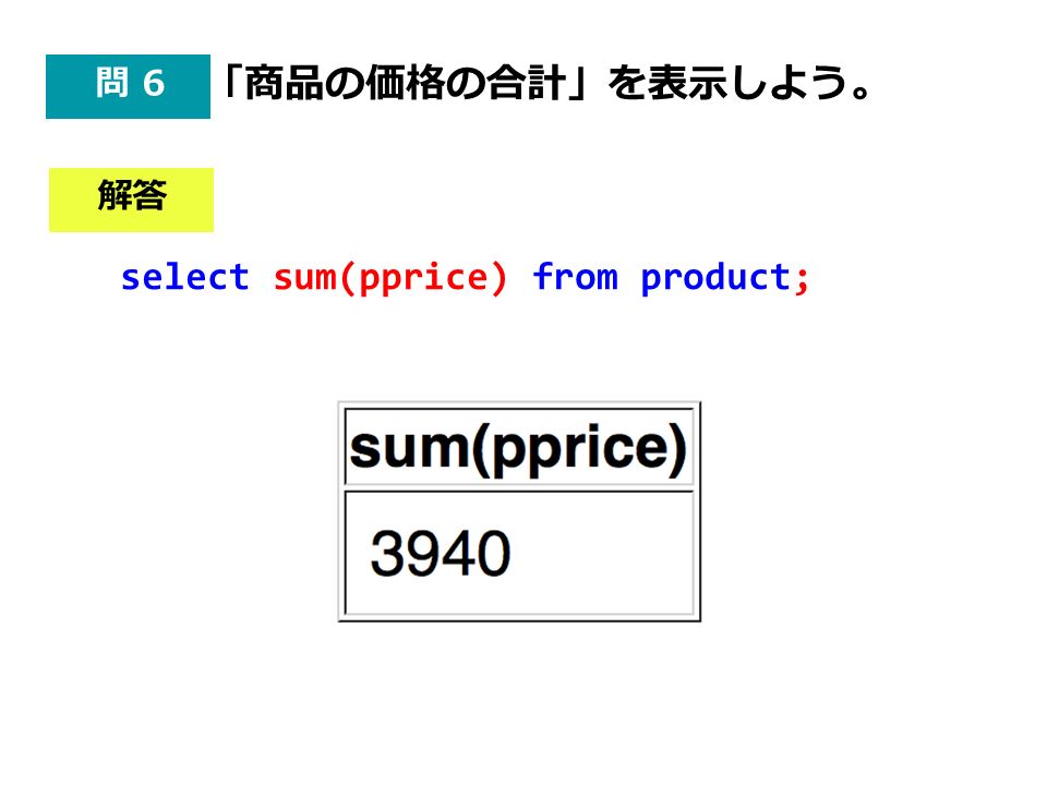 解答 問 6 「商品の価格の合計」を表示しよう。 select sum(pprice) from product;