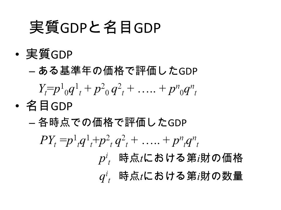 実質 GDP と名目 GDP 実質 GDP – ある基準年の価格で評価した GDP Y t =p 1 0 q 1 t + p 2 0 q 2 t + …..