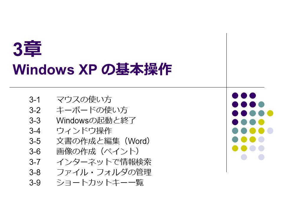 3 章 Windows XP の基本操作 3-1 マウスの使い方 3-2 キーボードの使い方 3-3 Windows の起動と終了 3-4 ウィンドウ操作 3-5 文書の作成と編集（ Word ） 3-6 画像の作成（ペイント） 3-7 インターネットで情報検索 3-8 ファイル・フォルダの管理 3-9 ショートカットキー一覧
