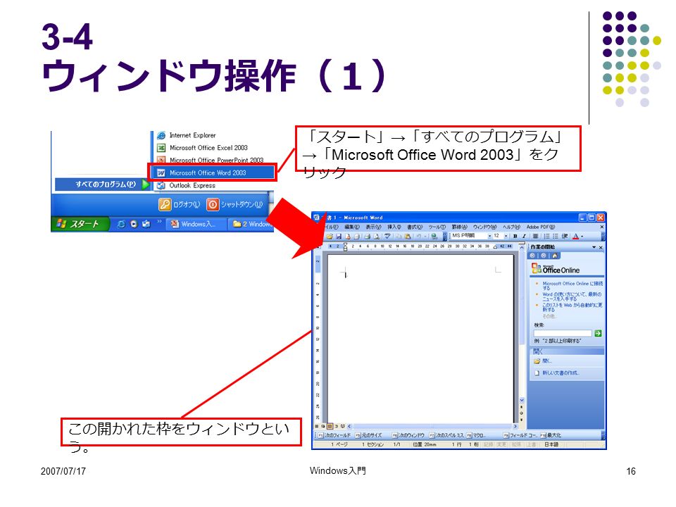 2007/07/17 Windows 入門 ウィンドウ操作（１） 「スタート」 → 「すべてのプログラム」 → 「 Microsoft Office Word 2003 」をク リック この開かれた枠をウィンドウとい う。