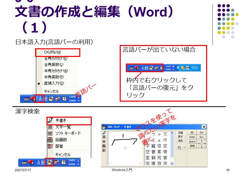 2007/07/17 Windows 入門 文書の作成と編集（ Word ） （１） 日本語入力 ( 言語バーの利用） 漢字検索 言語バーが出ていない場合 枠内で右クリックして 「言語バーの復元」をク リック マウスを使って 調べたい漢字を 書く 言語バー