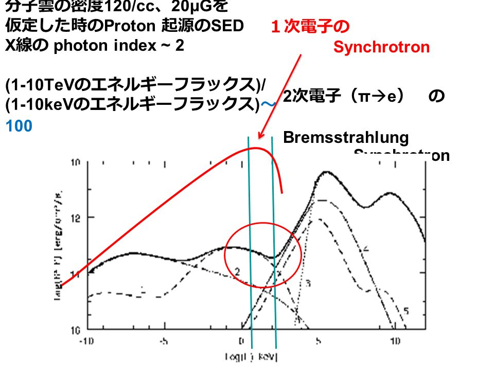 分子雲の密度 120/cc 、 20μG を 仮定した時の Proton 起源の SED X 線の photon index ~ 2 (1-10TeV のエネルギーフラックス )/ (1-10keV のエネルギーフラックス ) ～ 次電子（ π  e ） の Bremsstrahlung Synchrotron １次電子の Synchrotron