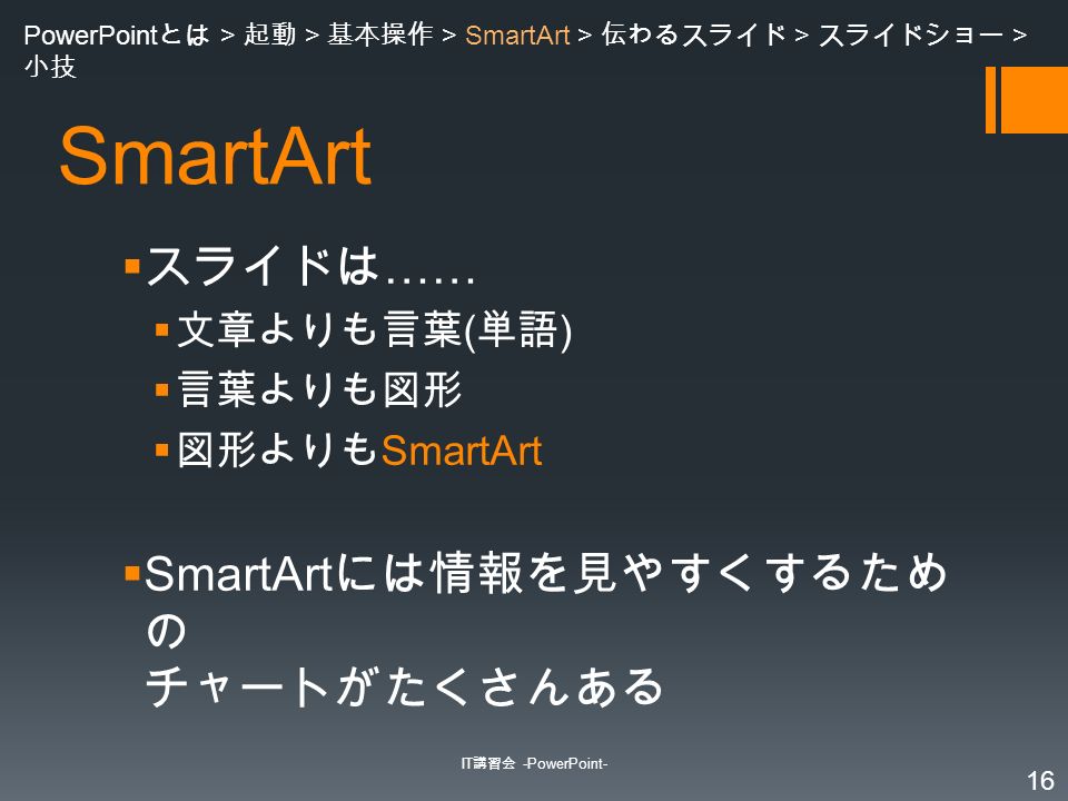 SmartArt  スライドは ……  文章よりも言葉 ( 単語 )  言葉よりも図形  図形よりも SmartArt  SmartArt には情報を見やすくするため の チャートがたくさんある IT 講習会 -PowerPoint- 16 PowerPoint とは > 起動 > 基本操作 > SmartArt > 伝わるスライド > スライドショー > 小技