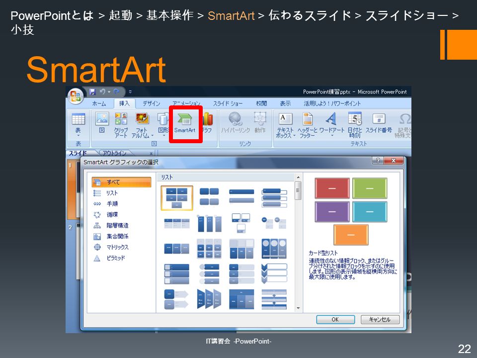 SmartArt IT 講習会 -PowerPoint- 22 PowerPoint とは > 起動 > 基本操作 > SmartArt > 伝わるスライド > スライドショー > 小技