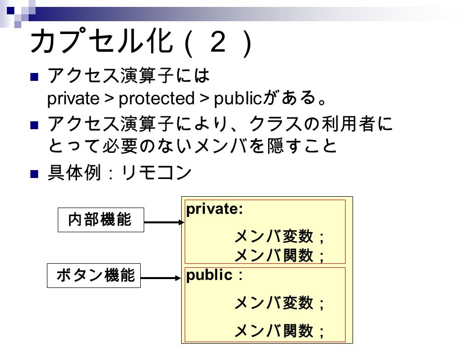 カプセル化（２） アクセス演算子には private ＞ protected ＞ public がある。 アクセス演算子により、クラスの利用者に とって必要のないメンバを隠すこと 具体例：リモコン 内部機能 ボタン機能 private: メンバ変数； メンバ関数； public ： メンバ変数； メンバ関数；