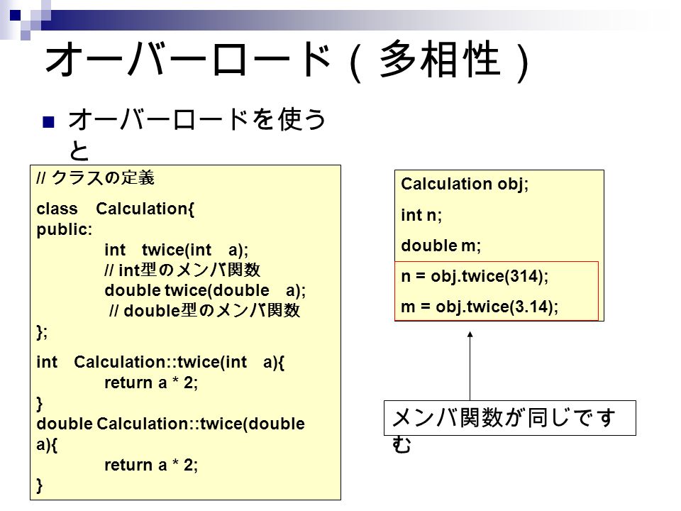 オーバーロード（多相性） オーバーロードを使う と // クラスの定義 class Calculation{ public: int twice(int a); // int 型のメンバ関数 double twice(double a); // double 型のメンバ関数 }; int Calculation::twice(int a){ return a * 2; } double Calculation::twice(double a){ return a * 2; } Calculation obj; int n; double m; n = obj.twice(314); m = obj.twice(3.14); メンバ関数が同じです む
