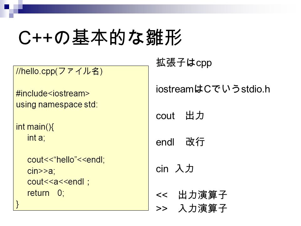 C++ の基本的な雛形 //hello.cpp( ファイル名 ) #include using namespace std: int main(){ int a; cout<< hello <<endl; cin>>a; cout<<a<<endl ； return 0; } 拡張子は cpp iostream は C でいう stdio.h cout 出力 endl 改行 cin 入力 << 出力演算子 >> 入力演算子