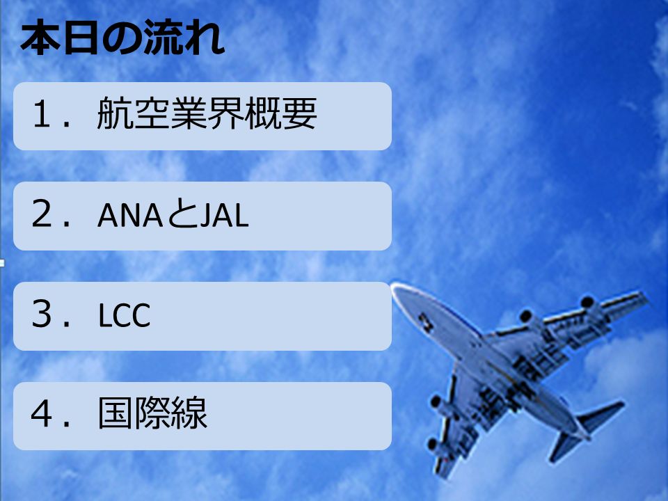 本日の流れ １．航空業界概要 ２． ANA と JAL ３． LCC ４．国際線
