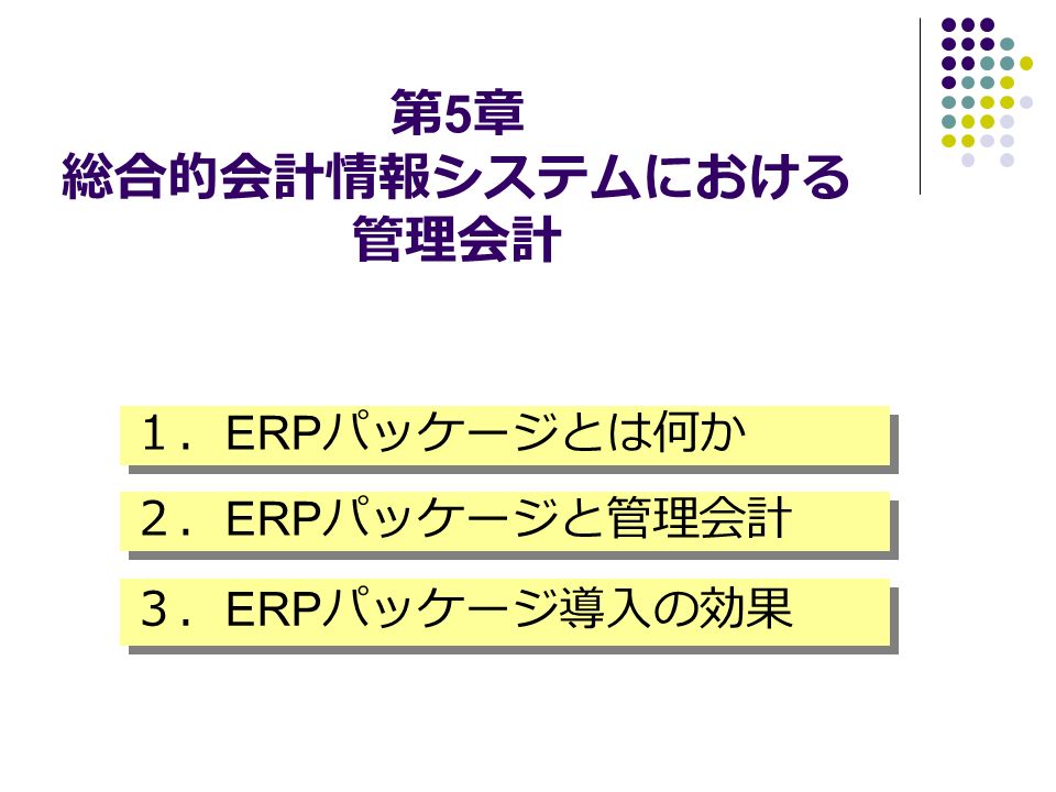 第 5 章 総合的会計情報システムにおける 管理会計 １． ERP パッケージとは何か ２． ERP パッケージと管理会計 ３． ERP パッケージ導入の効果
