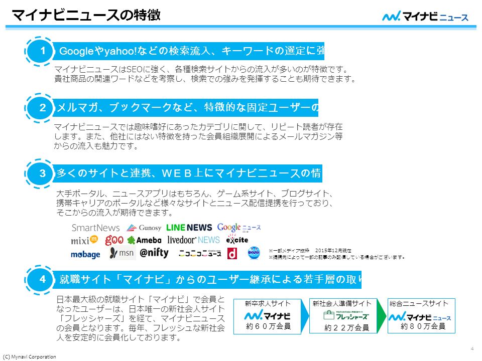 (C) Mynavi Corporation 4 マイナビニュースの特徴 日本最大級の就職サイト「マイナビ」で会員と なったユーザーは、日本唯一の新社会人サイト 「フレッシャーズ」を経て、マイナビニュース の会員となります。毎年、フレッシュな新社会 人を安定的に会員化しております。 新卒求人サイト 約６０万会員 新社会人準備サイト 約２２万会員 総合ニュースサイト 約８０万会員 就職サイト「マイナビ」からのユーザー継承による若手層の取り込み ４ マイナビニュースはSEOに強く、各種検索サイトからの流入が多いのが特徴です。 貴社商品の関連ワードなどを考察し、検索での強みを発揮することも期待できます。 マイナビニュースでは趣味嗜好にあったカテゴリに関して、リピート読者が存在 します。また、他社にはない特徴を持った会員組織展開によるメールマガジン等 からの流入も魅力です。 ※一部メディア抜粋 2015年12月現在 ※提携先によって一部の記事のみ配信している場合がございます 。 Google や yahoo.