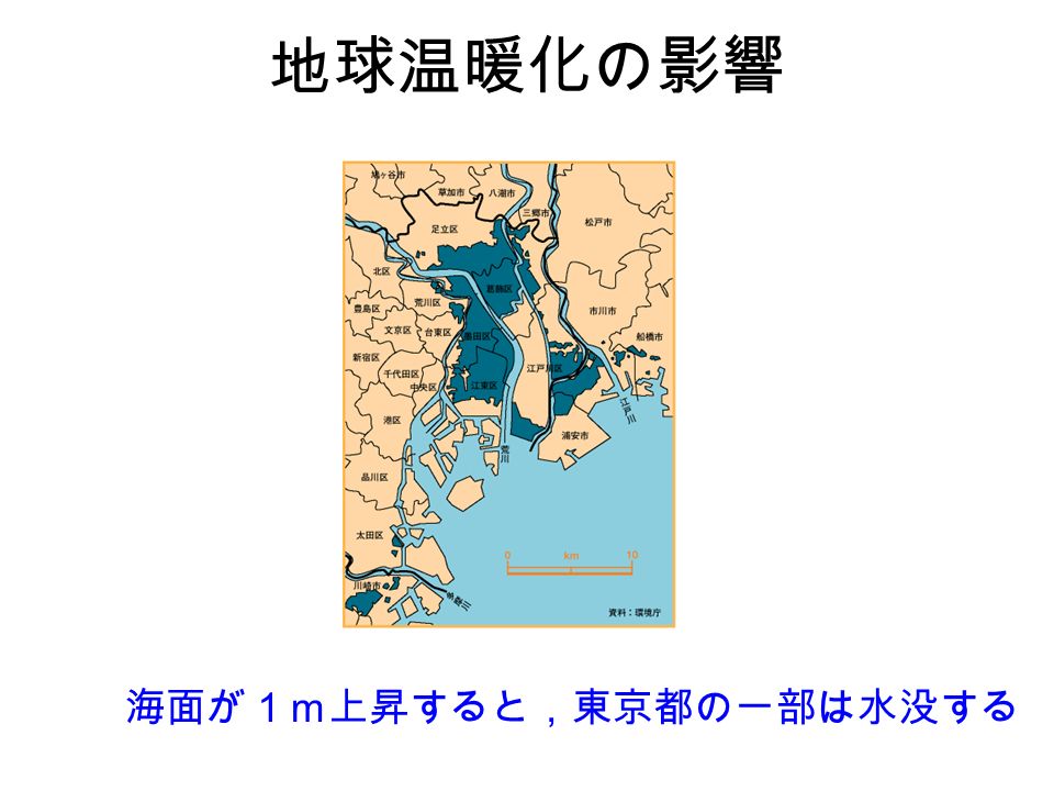 海面が１ｍ上昇すると，東京都の一部は水没する 地球温暖化の影響
