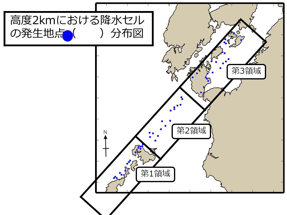 高度 2km における降水セル の発生地点（ ）分布図 第 1 領域 第 3 領域 第 2 領域