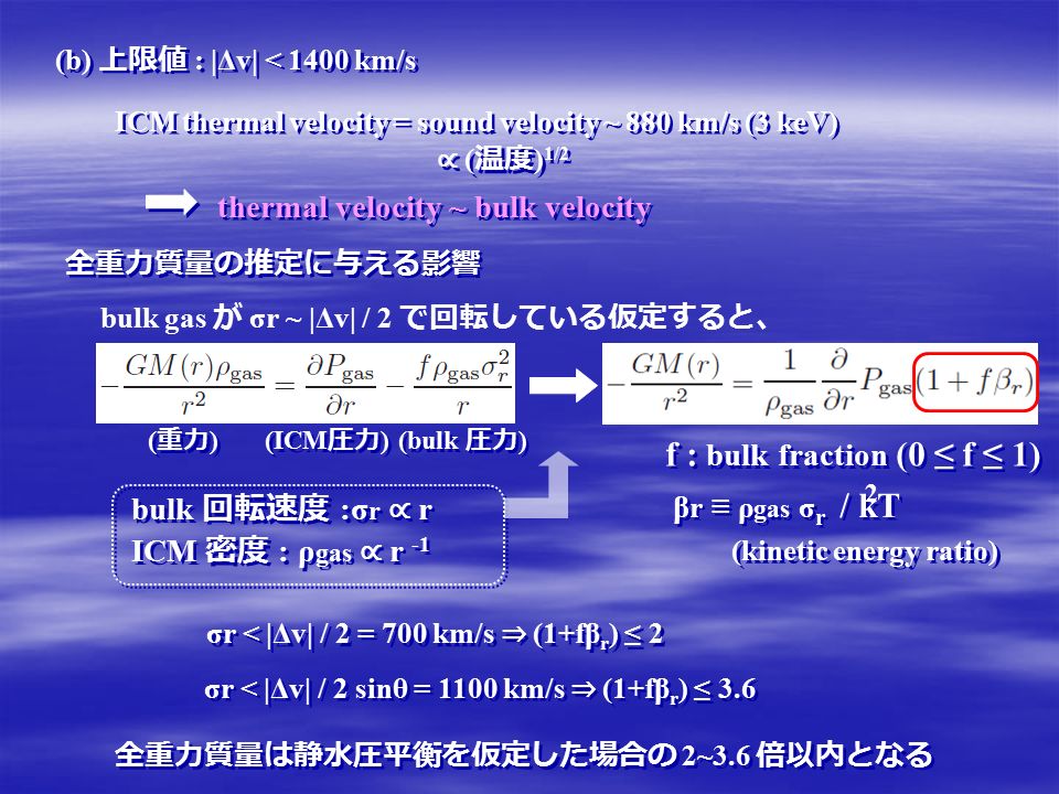 (b) 上限値 : |Δv| < 1400 km/s ICM thermal velocity = sound velocity ~ 880 km/s (3 keV) ∝ ( 温度 ) 1/2 thermal velocity ~ bulk velocity 全重力質量の推定に与える影響 ( 重力 ) (ICM 圧力 ) (bulk 圧力 ) ICM 密度 : ρ gas ∝ r -1 bulk 回転速度 :σ r ∝ r β r ≡ ρ gas σ r / kT (kinetic energy ratio) f : bulk fraction (0 ≤ f ≤ 1) σr < |Δv| / 2 sinθ = 1100 km/s ⇒ (1+fβ r ) ≤ 3.6 σr < |Δv| / 2 = 700 km/s ⇒ (1+fβ r ) ≤ 2 全重力質量は静水圧平衡を仮定した場合の 2~3.6 倍以内となる 2 bulk gas が σr ~ |Δv| / 2 で回転している仮定すると、