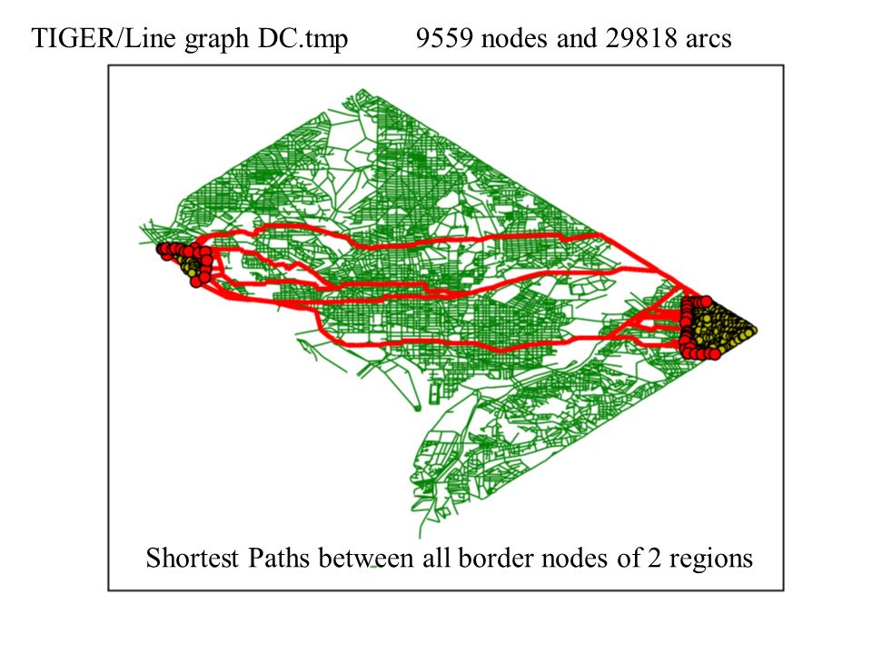 TIGER/Line graph DC.tmp 9559 nodes and arcs Shortest Paths between all border nodes of 2 regions