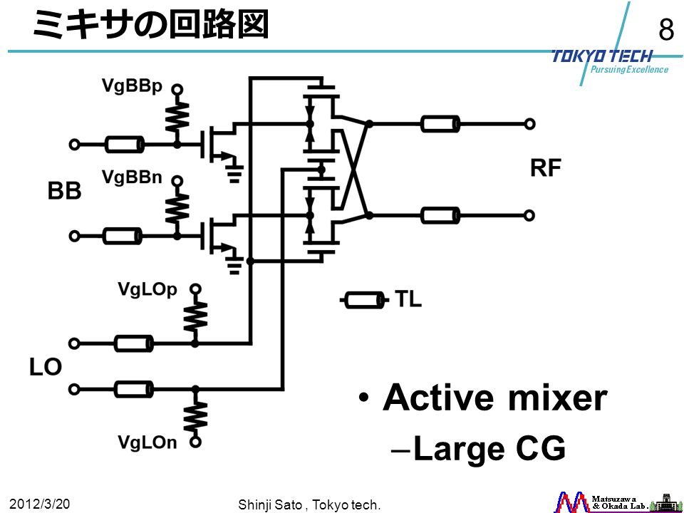 8 ミキサの回路図 Active mixer –Large CG 2012/3/20 Shinji Sato, Tokyo tech.
