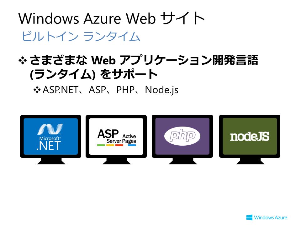Windows Azure Web サイト ❖さまざまな Web アプリケーション開発言語 ( ランタイム ) をサポート ❖ ASP.NET 、 ASP 、 PHP 、 Node.js ビルトイン ランタイム