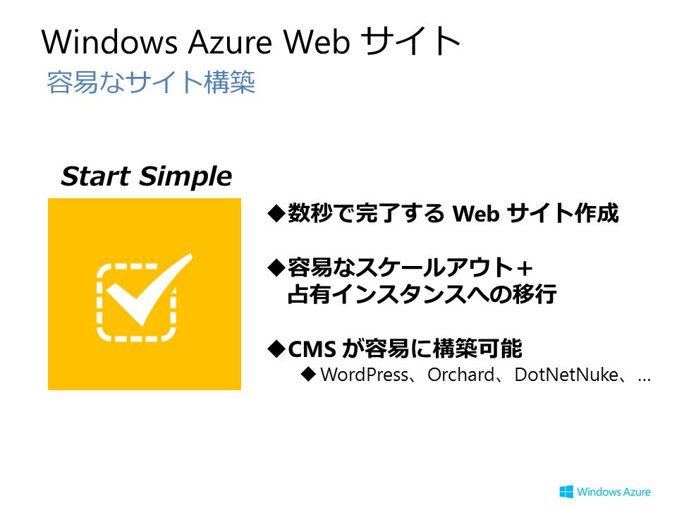 Windows Azure Web サイト 容易なサイト構築 Start Simple  数秒で完了する Web サイト作成  容易なスケールアウト＋ 占有インスタンスへの移行  CMS が容易に構築可能  WordPress 、 Orchard 、 DotNetNuke 、 …