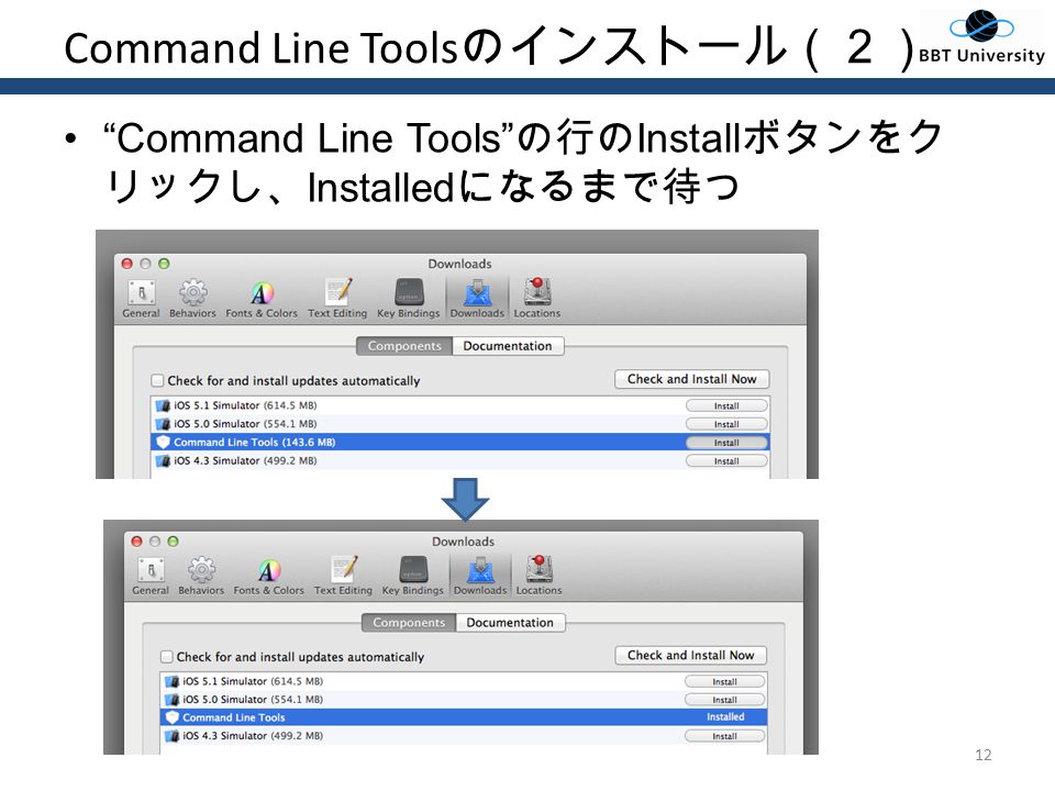 Command Line Tools のインストール（２） Command Line Tools の行の Install ボタンをク リックし、 Installed になるまで待つ 12