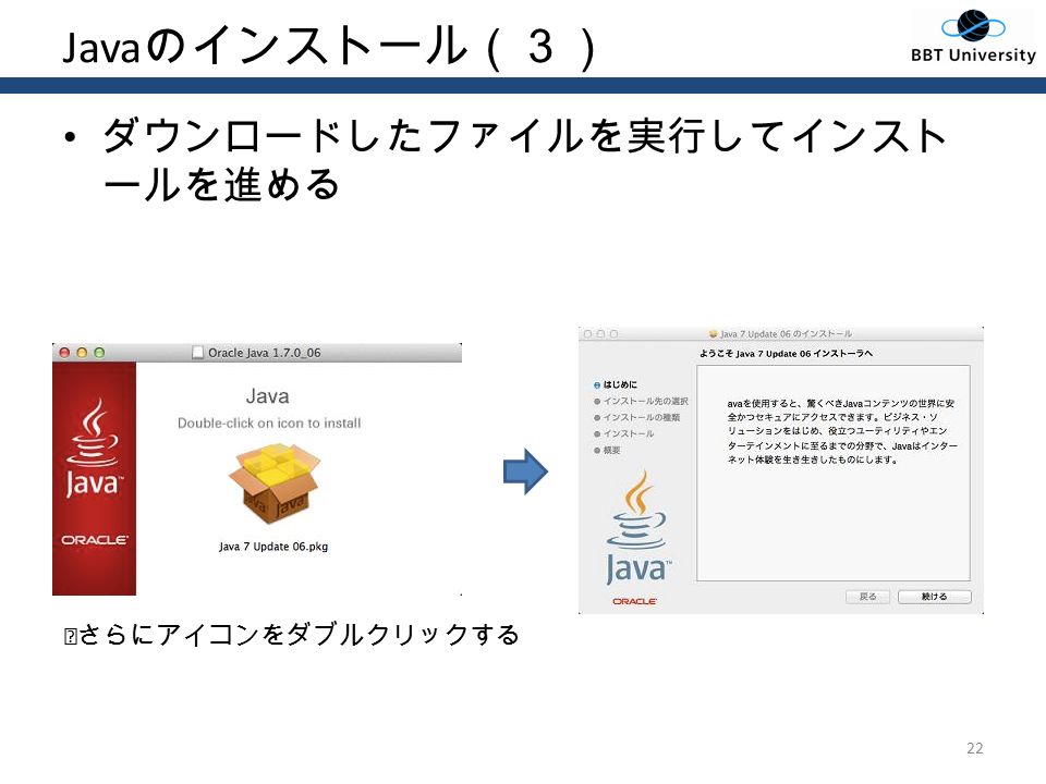 Java のインストール（３） ダウンロードしたファイルを実行してインスト ールを進める 22 ※さらにアイコンをダブルクリックする