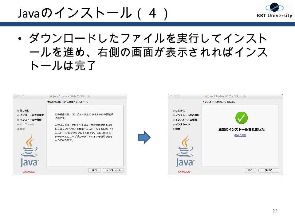 Java のインストール（４） ダウンロードしたファイルを実行してインスト ールを進め、右側の画面が表示されればインス トールは完了 23