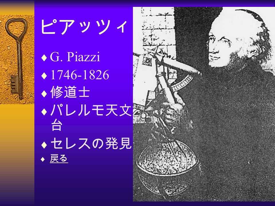 ピアッツィ  G. Piazzi   修道士  パレルモ天文 台  セレスの発見  戻る 戻る