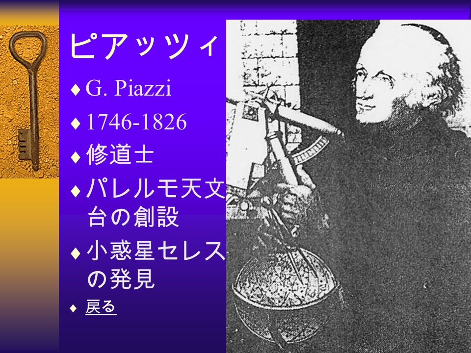 ピアッツィ  G. Piazzi   修道士  パレルモ天文 台の創設  小惑星セレス の発見  戻る 戻る