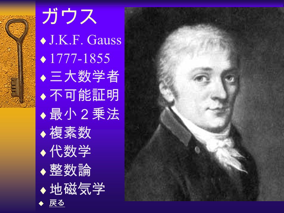 ガウス  J.K.F. Gauss   三大数学者  不可能証明  最小２乗法  複素数  代数学  整数論  地磁気学  戻る 戻る